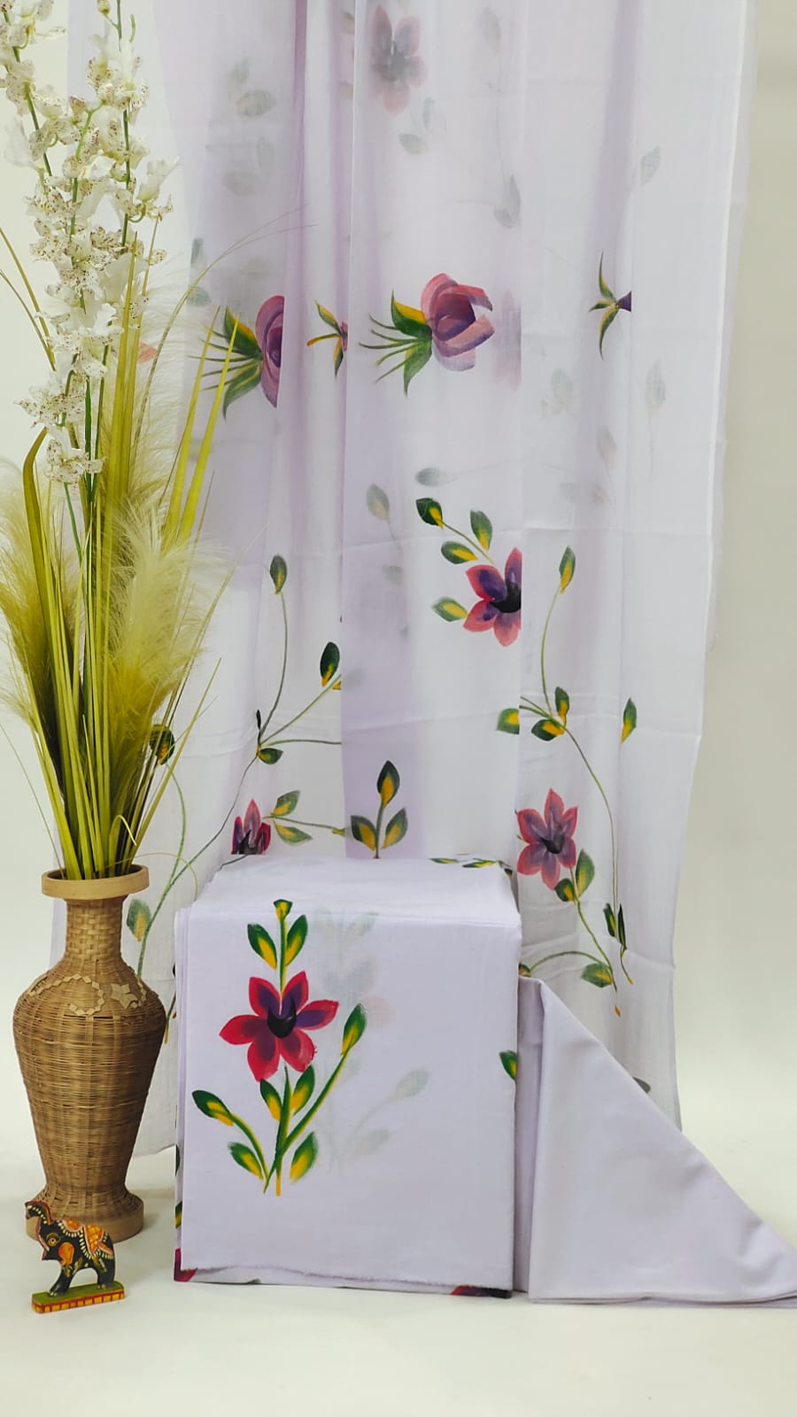 Lilac free hand painting cotton dupatta summer dress for women