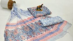 Baby blue and white gad block printed chiffon dupatta cotton new model dress