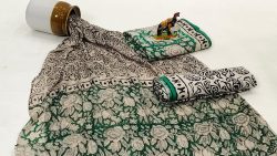 Emerald green bagru dabu print chiffon dupatta cotton 3 piece suit