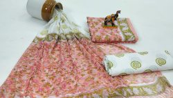 Salmon color gad block printed chiffon dupatta cotton ethnic dresses for women