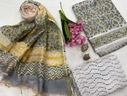 Gray hand block print upada silk party wear salwar kameez