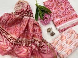 Pink hand painted party wear upada silk suit with chanderi dupatta
