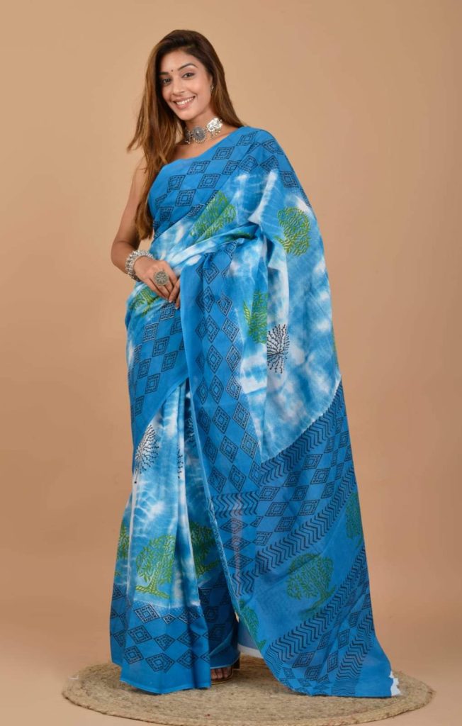 Azure blue daily wear printed saree with price