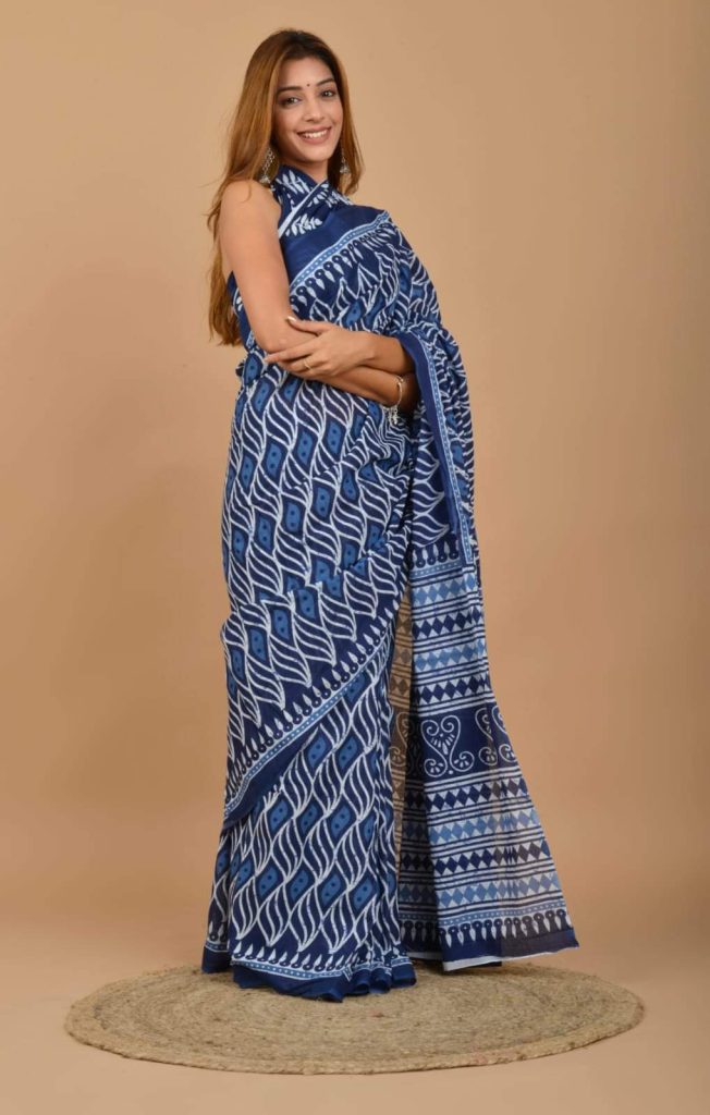 Indigo color dabu daily wear printed saree with price