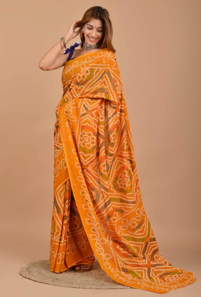 Orange bandhej cotton printed ladies saree