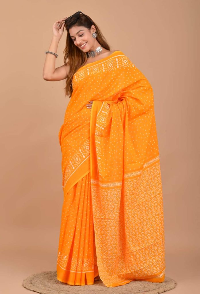 Orange block print cotton sari