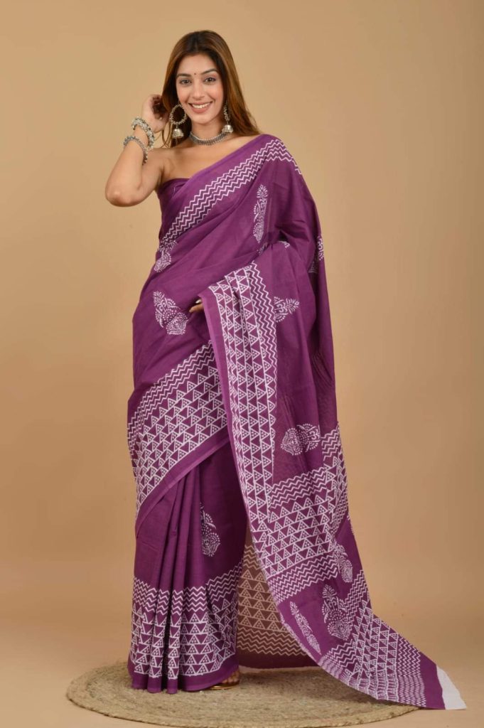 Plum color block print cotton sari