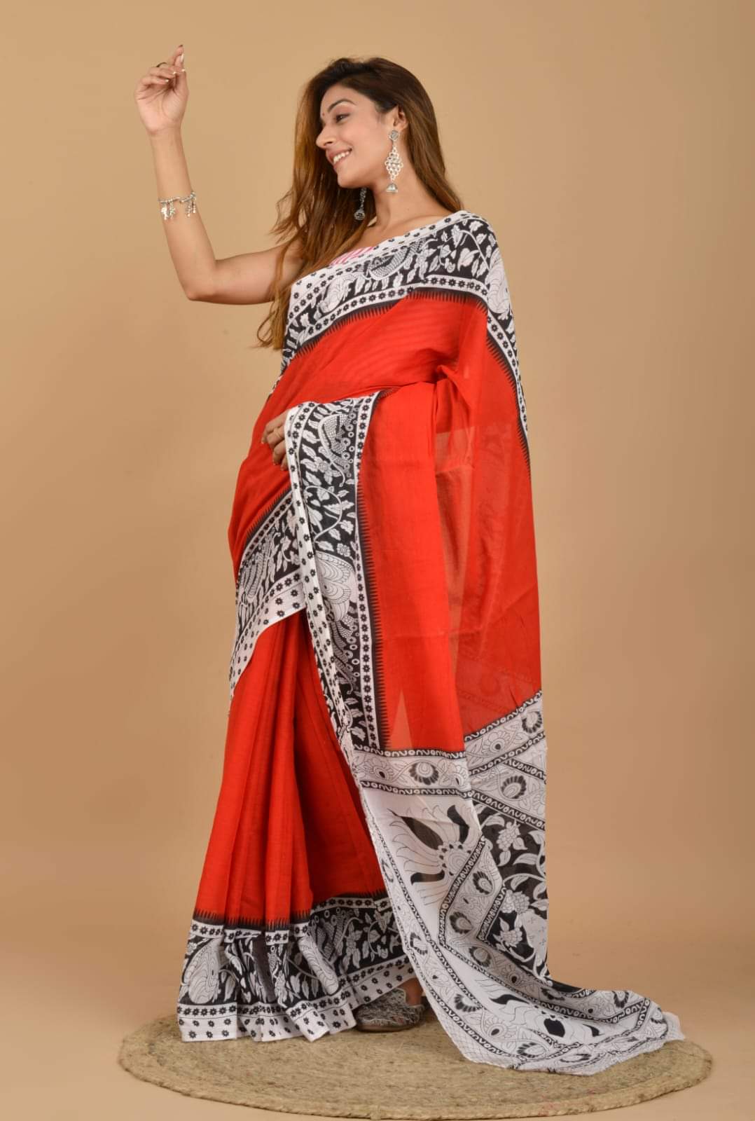 Red and black printed malmal cotton saree