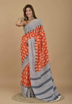 Red and gray block print cotton sari