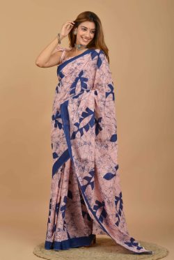 Ultramarine blue and pink batik pritned mulmul saree