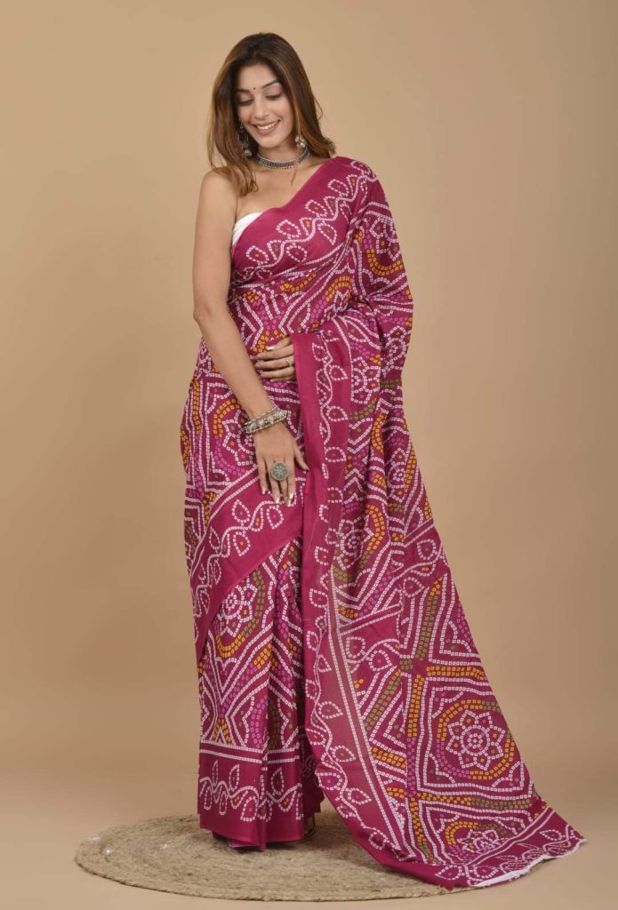 Wine pink bandhej daily wear printed saree with price