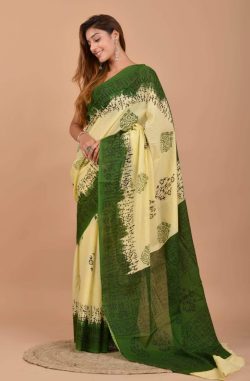 Yellow green printed malmal cotton saree