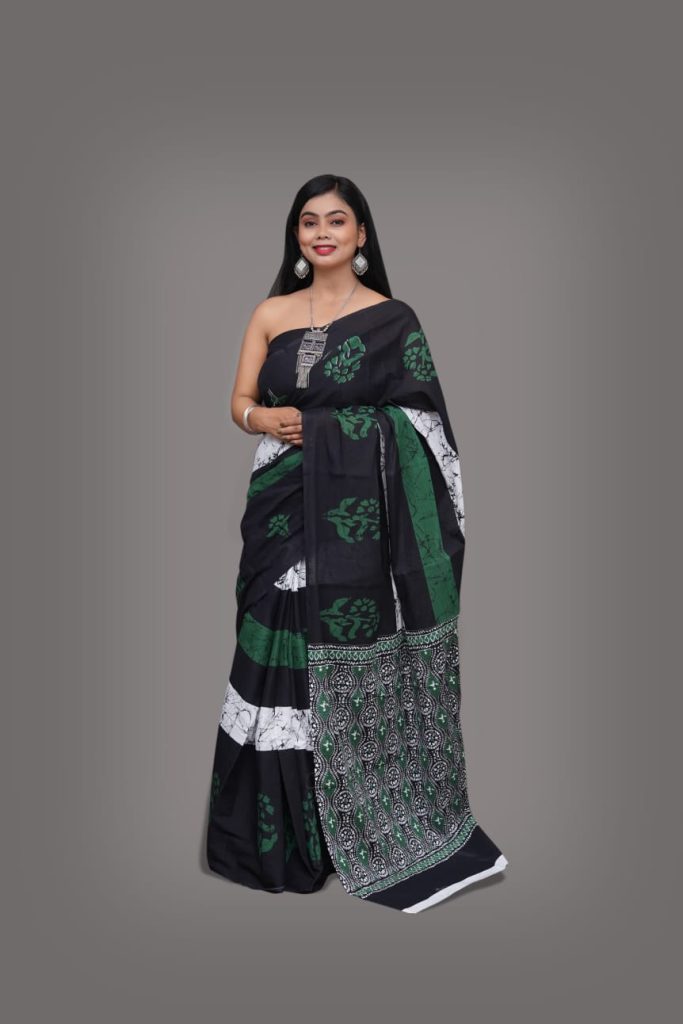 Black and green printed cotton saree designs
