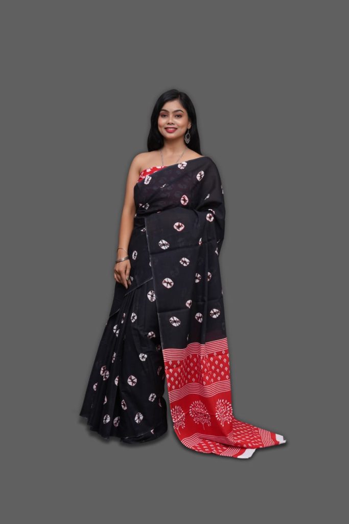 Black bandhej print cotton sari