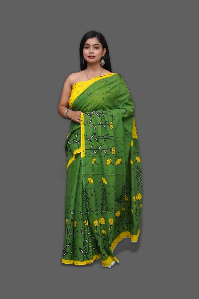Green yellow block print cotton sari