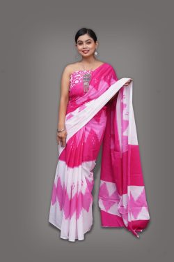 Magenta pink and white printed mulmul saree