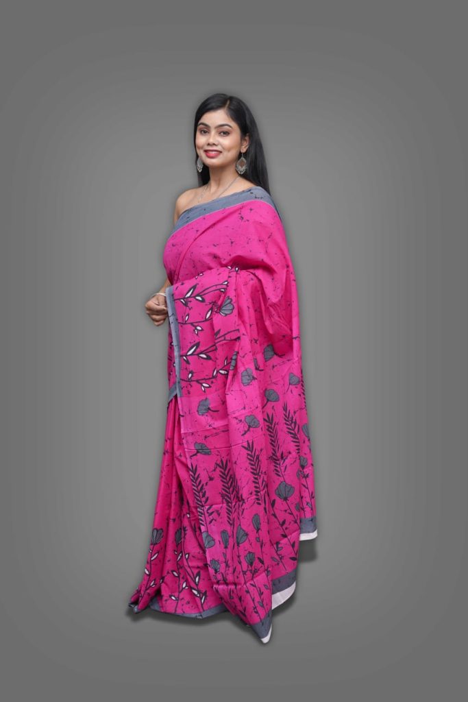 Magenta pink printed malmal cotton saree