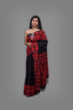 Red and black batik cotton printed ladies saree