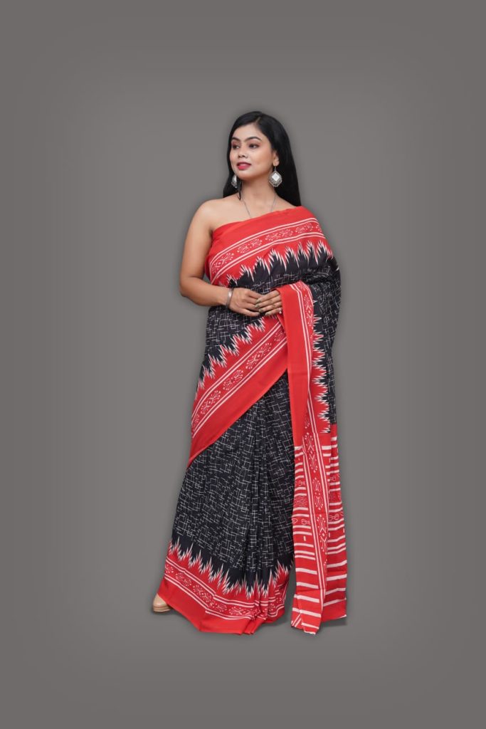 Red and black printed cotton saree designs