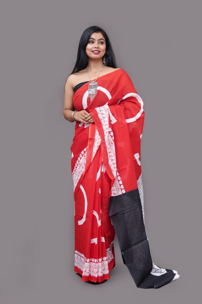 Scarlet red screen print cotton sari