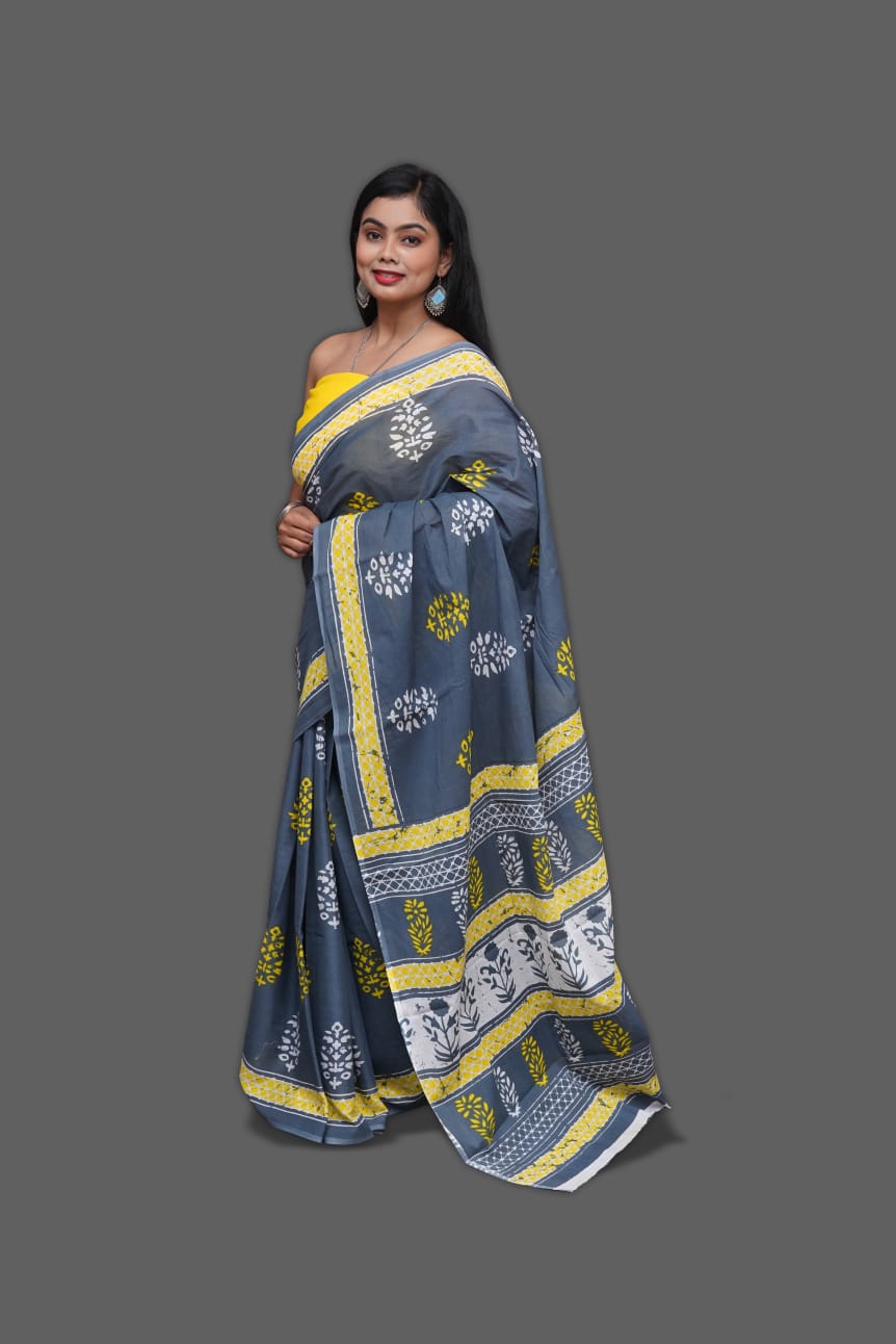 Slate gray printed cotton sari