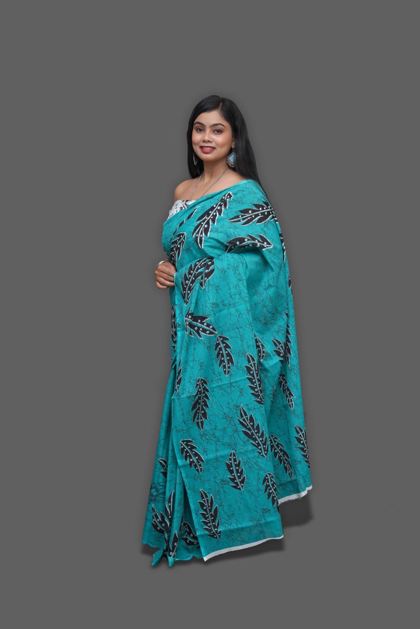 Turquoise printed soft cotton sarees for summer