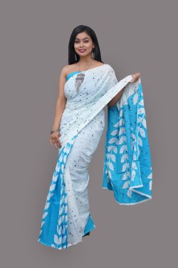 White and baby blue daily wear printed saree with price
