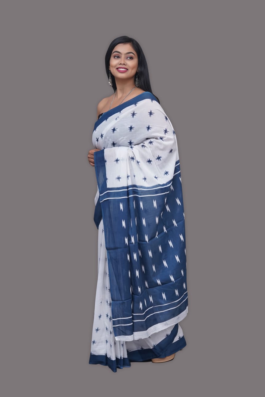 White and navy blue cotton printed block saree