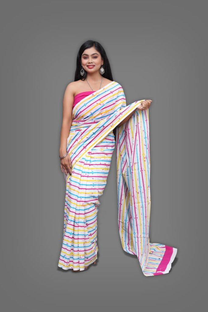 White printed malmal cotton saree with colorful lines