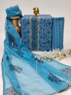 Cerulean blue hand block printed party wear salwar suit for ladies