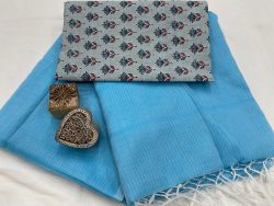 Baby blue plain kota doria saree with printed blouse
