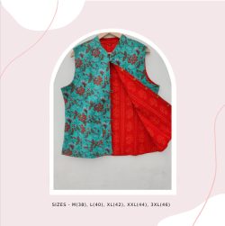 Scarlet and turquoise green printed Reversible sleeveless jacket