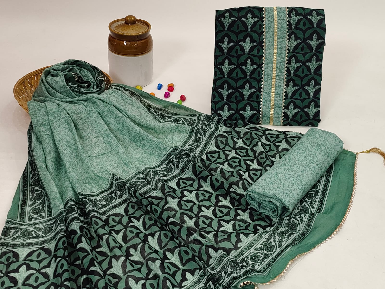 Natural dark green party wear gota embroidery cotton dupatta suit