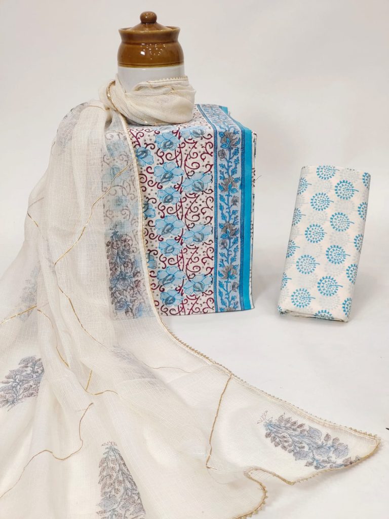 White blue cotton suit with kota doria embroidery work dupatta