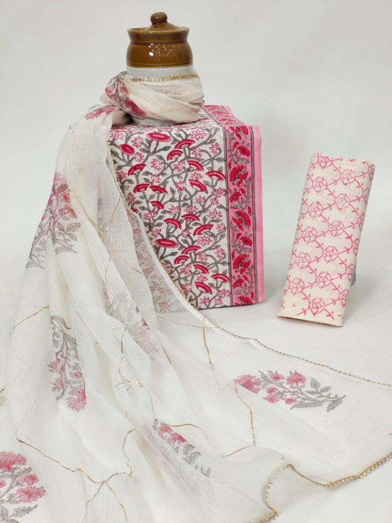White pink cotton suit with kota doria embroidery work dupatta