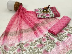 Magenta pink floral chiffon dupatta cotton salwar kameez
