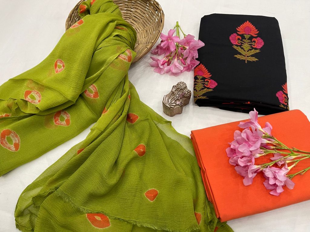 Black and olive green cotton suit with bandhani dupatta