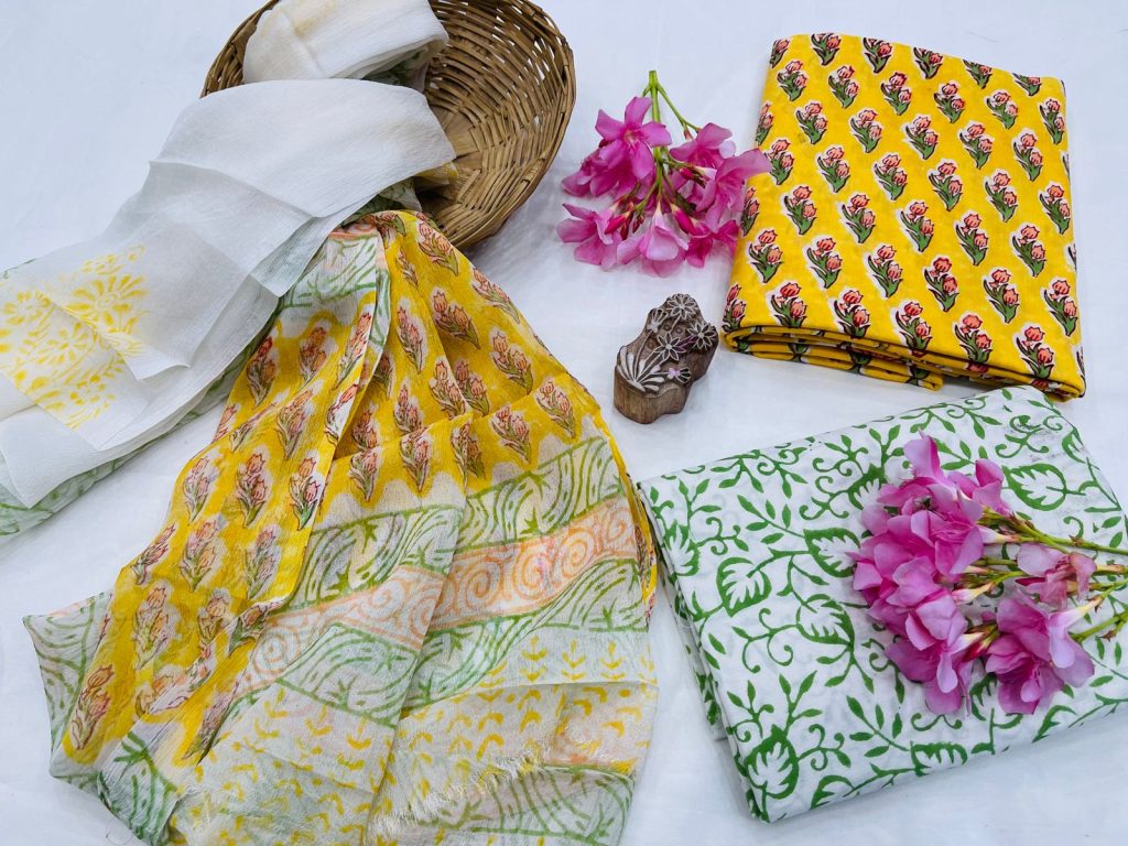 Hand block print yellow cotton dress materials online