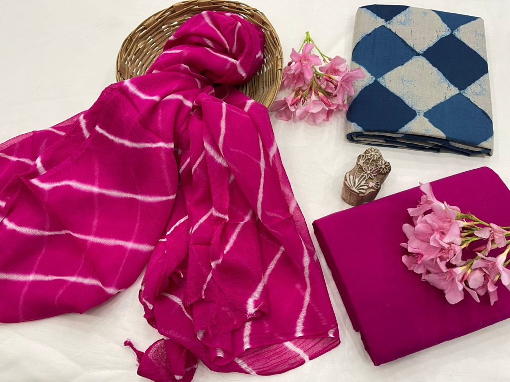 Indigo blue and ruby pink lehariya print cotton suit set with dupatta