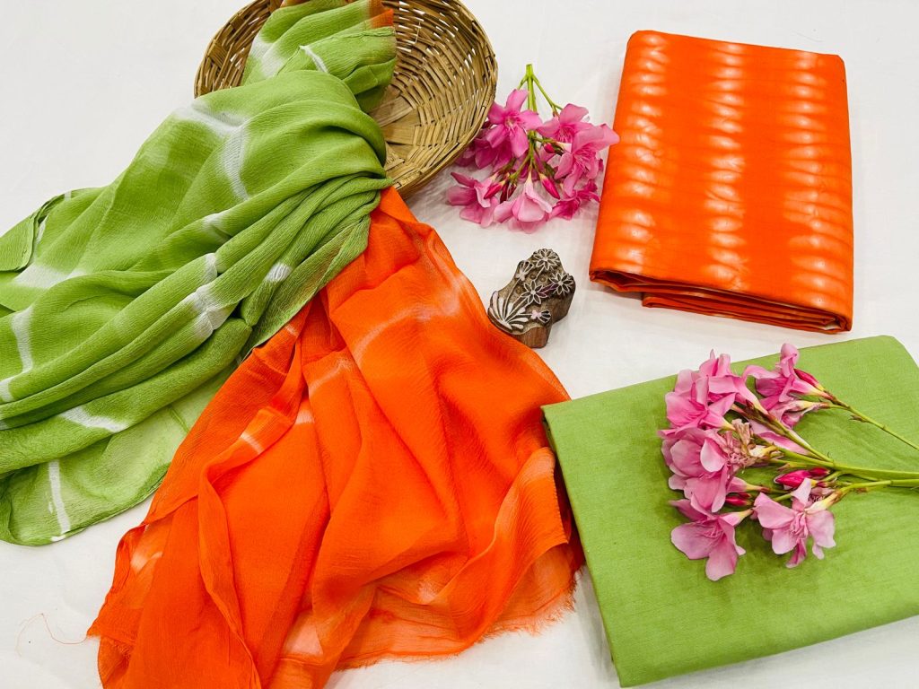 Orange and erin green lehariya print online ladies suits
