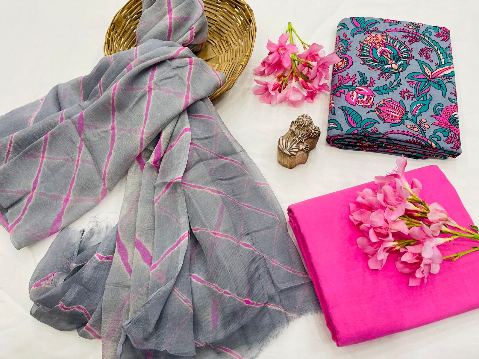 Slate gray and magenta rose lehariya print cotton salwar suit
