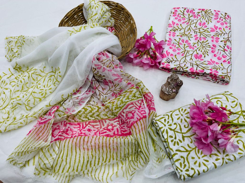 White pink block printed cotton salwar kameez online