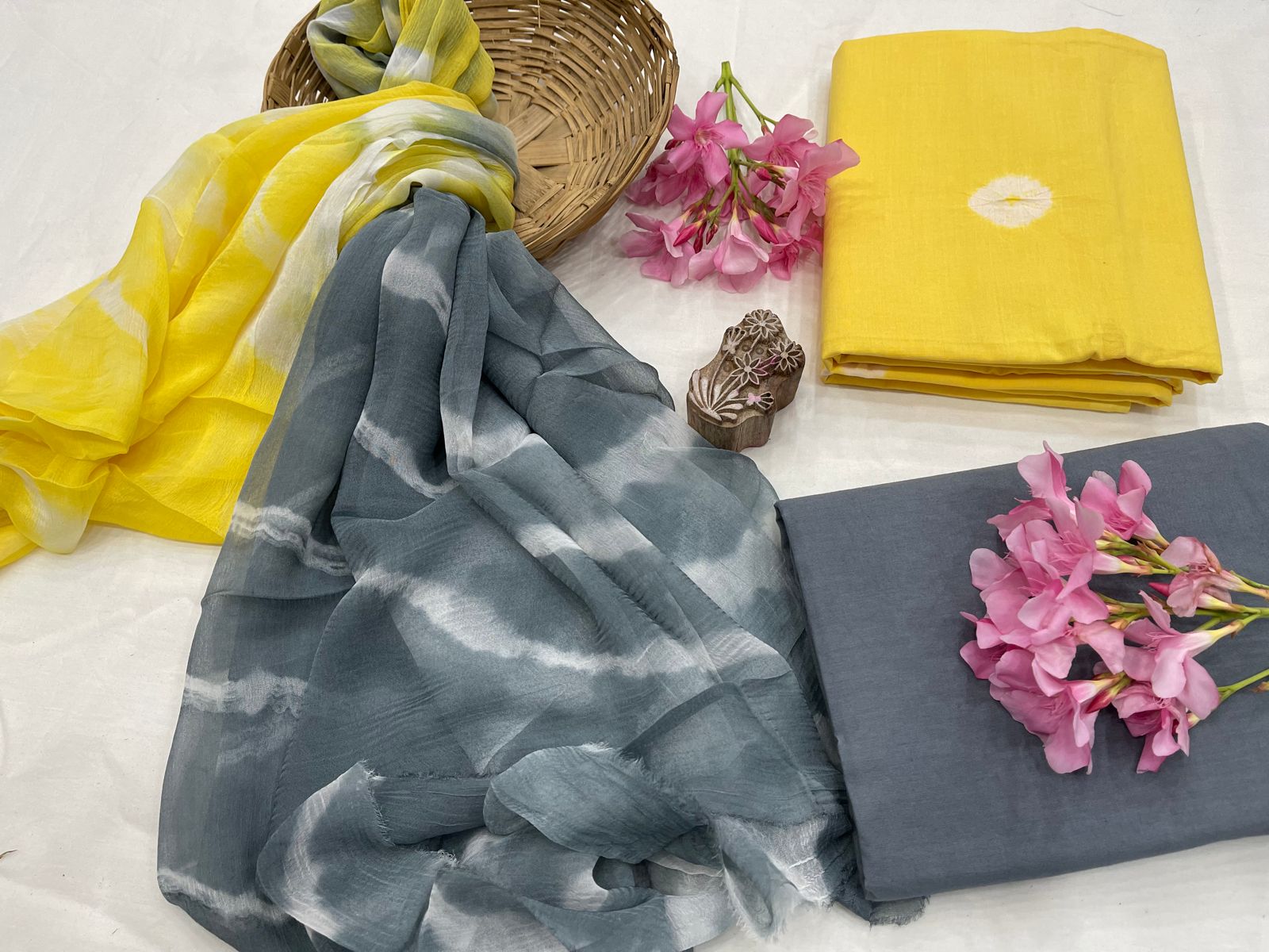 Yellow and gray jaipuri bandhani print cotton dress materials