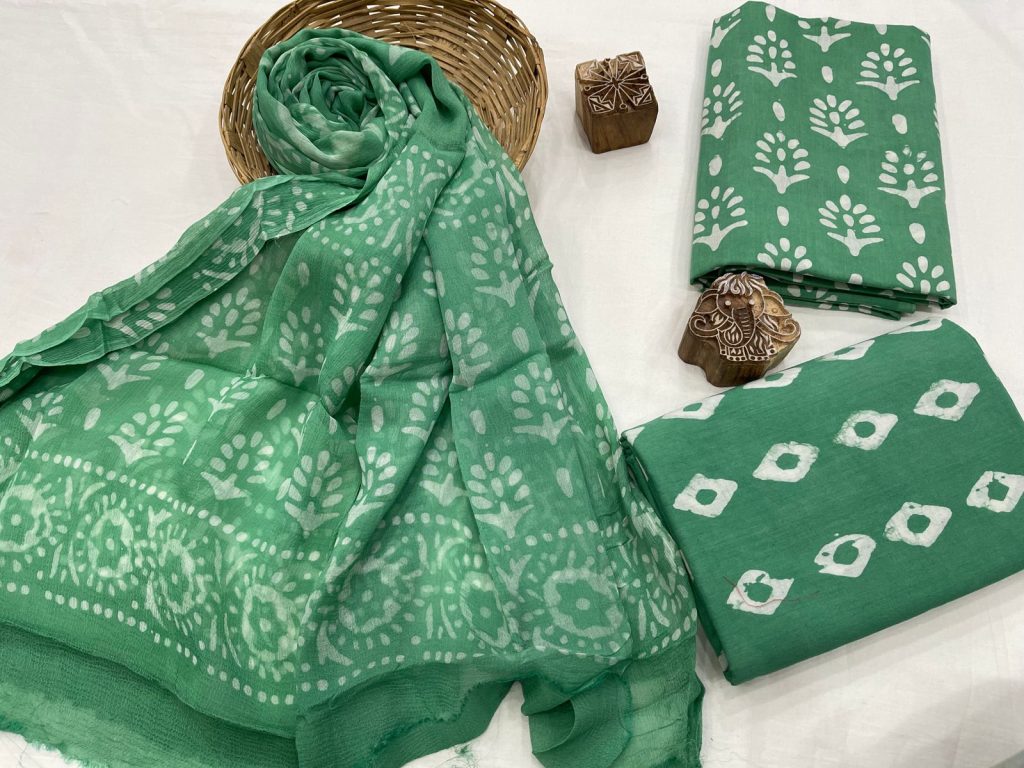 Emerald green discharge print hand block printed cotton suits with chiffon dupatta