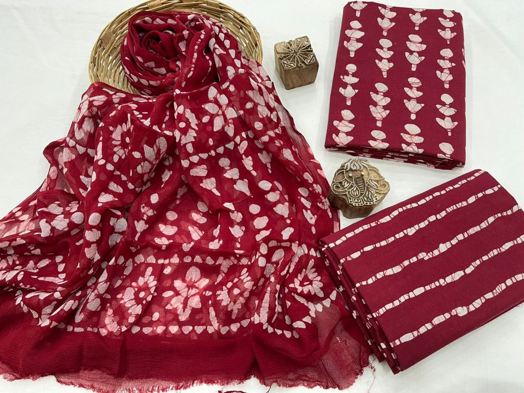 Wine red color discharge print cotton suits with pure dupatta