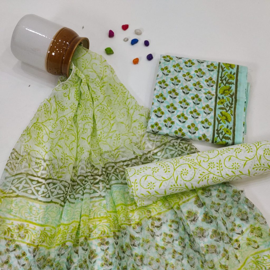 Pear green chiffon dupatta cotton dress materials
