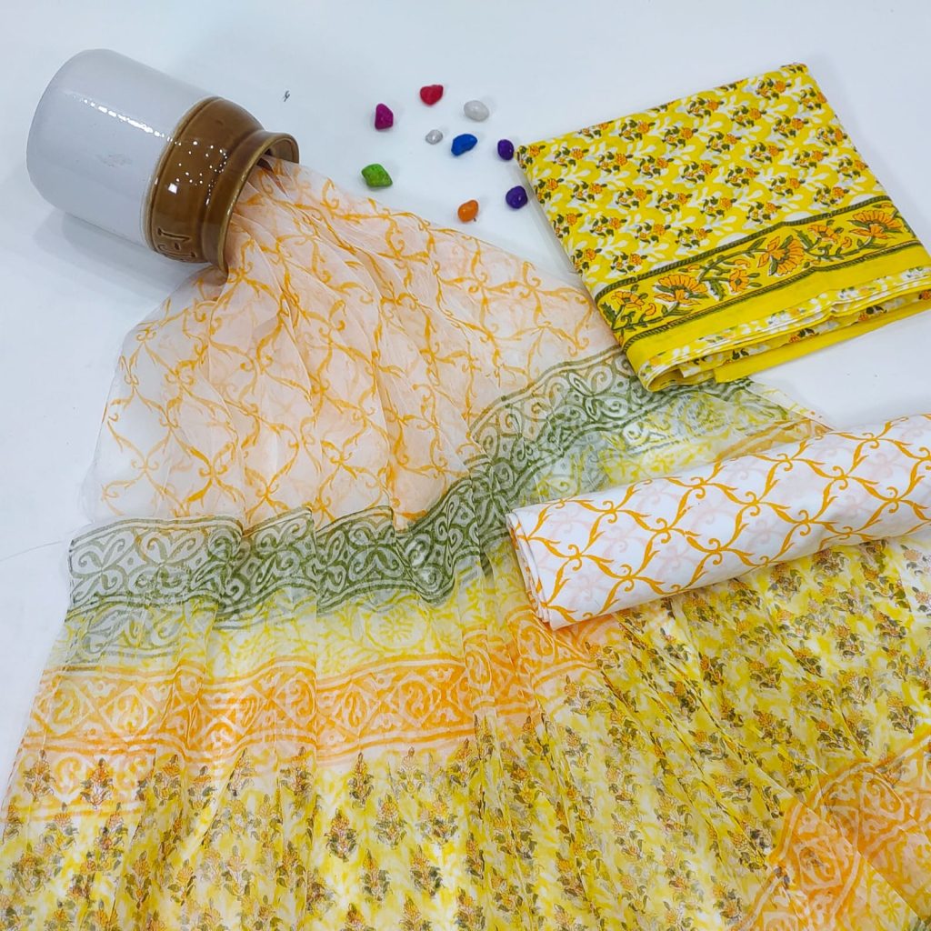 Bright yellow hand block print cotton suits with chiffon dupatta