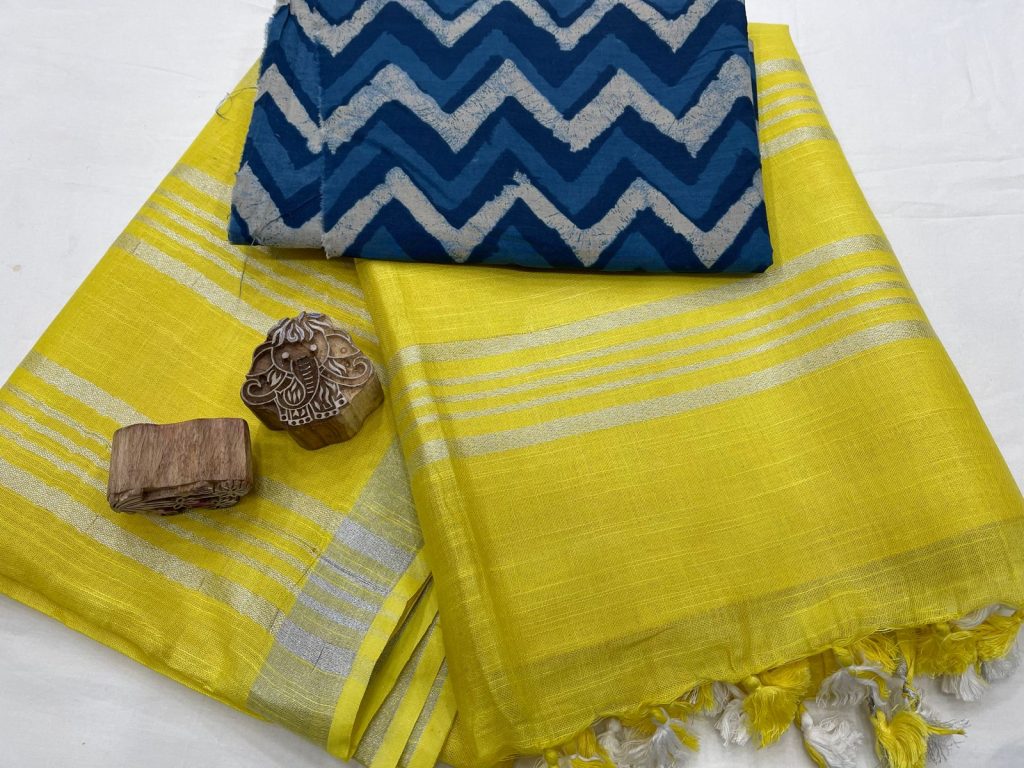 Yellow plain linen saree