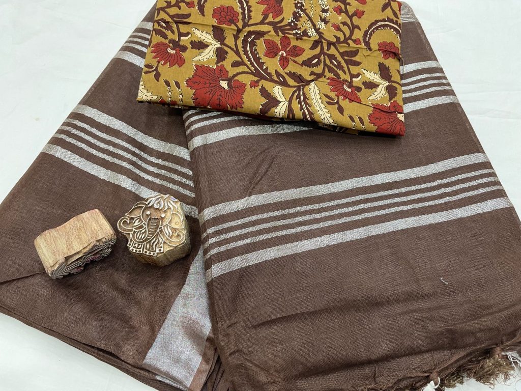 Buy linen sarees online in coffee brown color