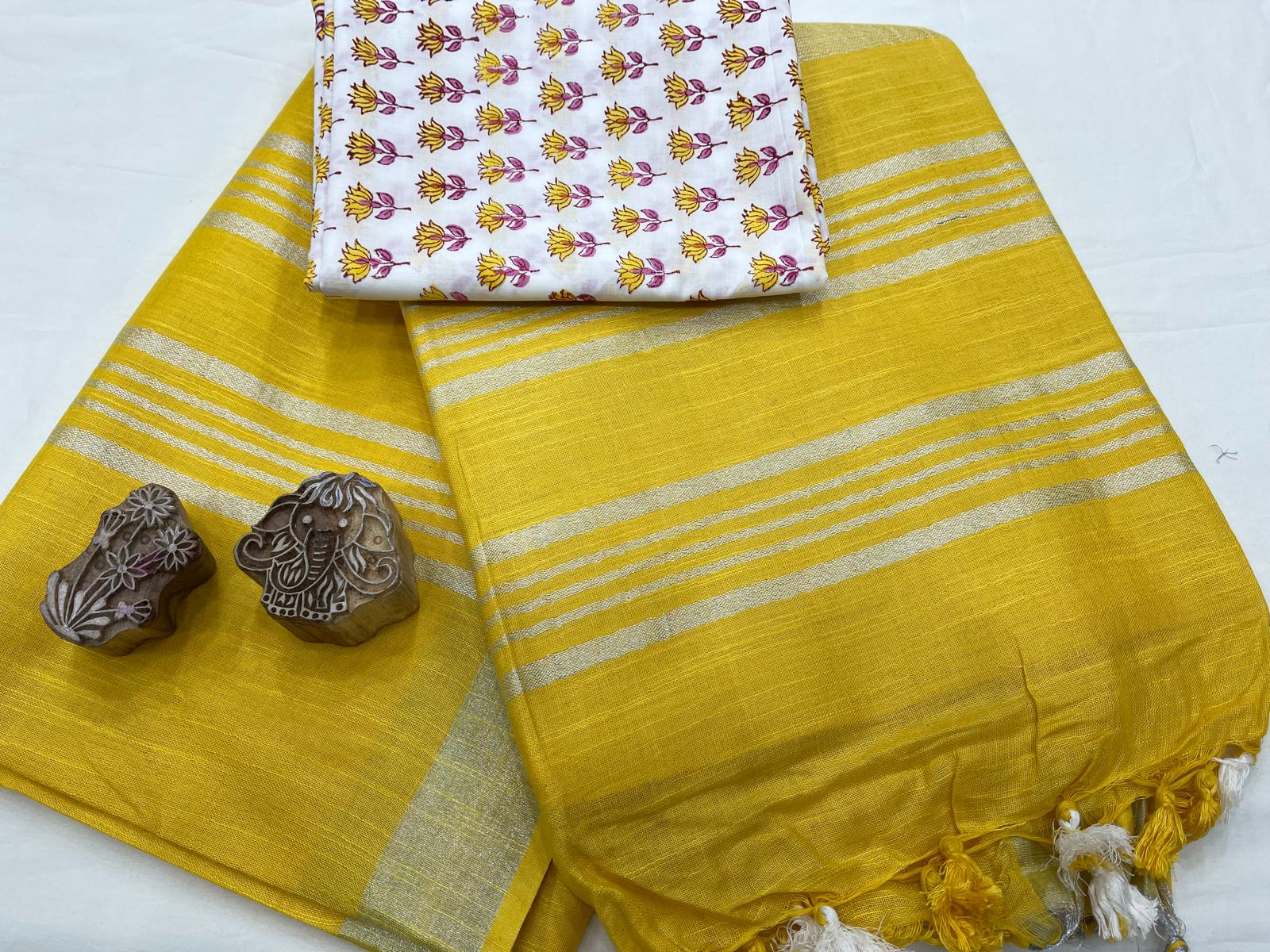 Yellow plain linen sarees